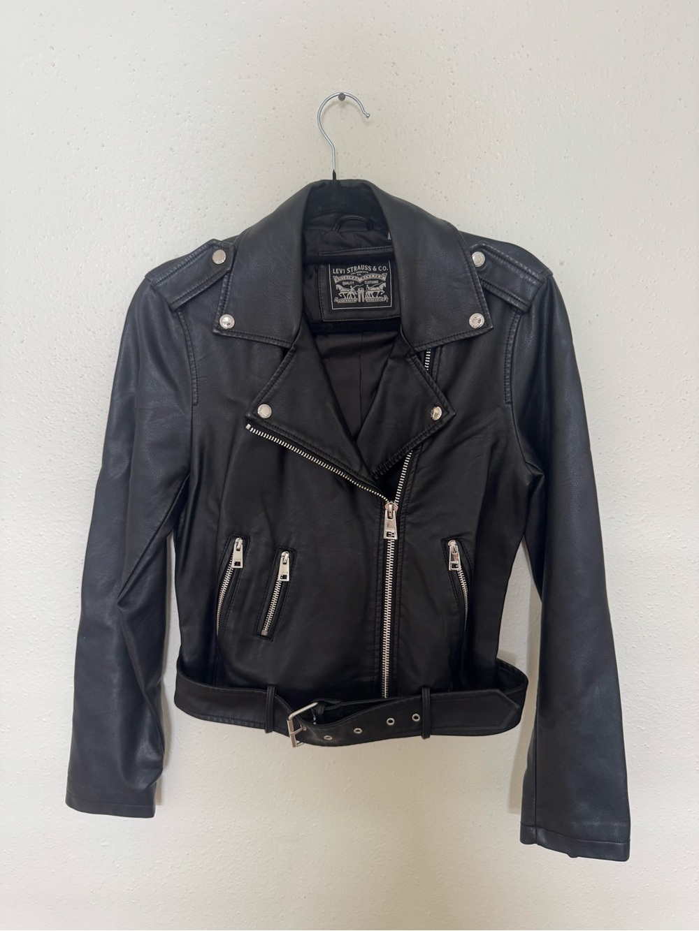 Levi's Black Leather Biker Jacket with Belted Waist